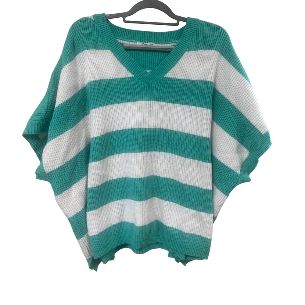 Double Take Womens 3XL Oversized Striped Dolman Sleeve Sweater Teal White Knit